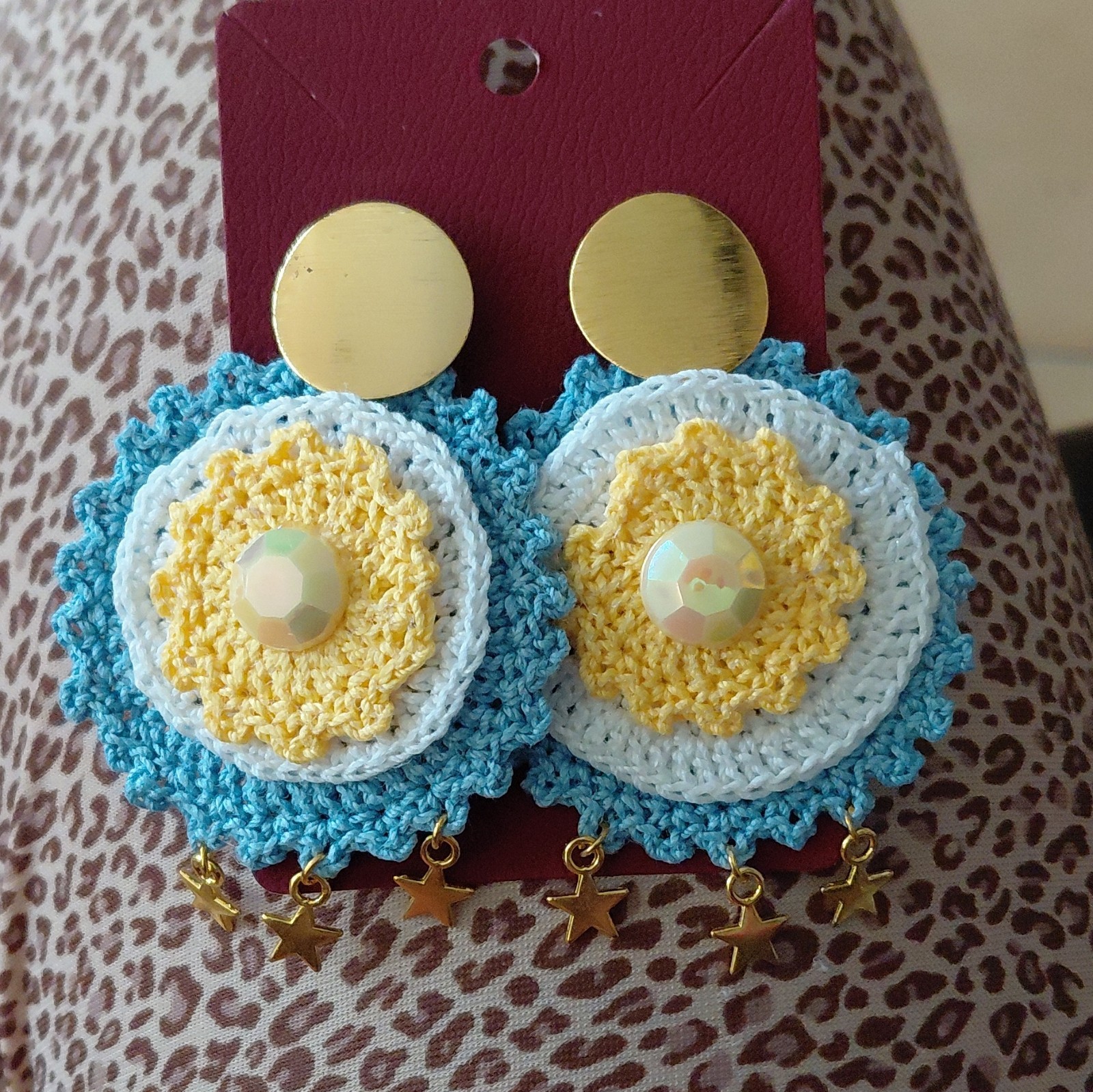 Crochet Flower Dangle/Drop Earrings Blue White Yellow Butterfly Back