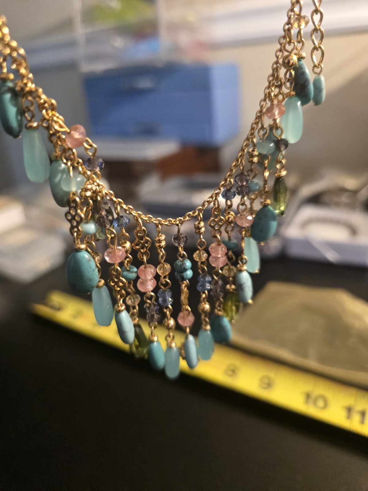 Gold Tone Bohemian Bib Necklace Blue Pink Green Beaded Fringe 22 in LN4578-5015