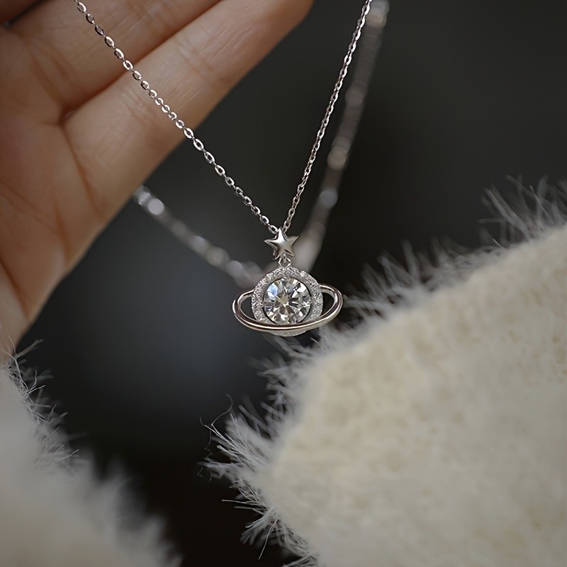 Saturn Planet Cubic Zirconia Pendant Necklace Star Celestial Dainty Gift