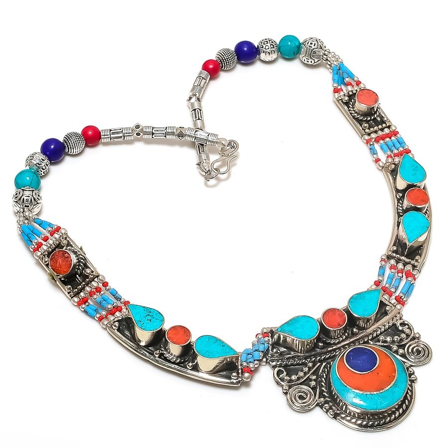 Lapis Lazuli Coral Turquoise Gemstone Necklace Handmade Nepali Jewelry 18″ N31