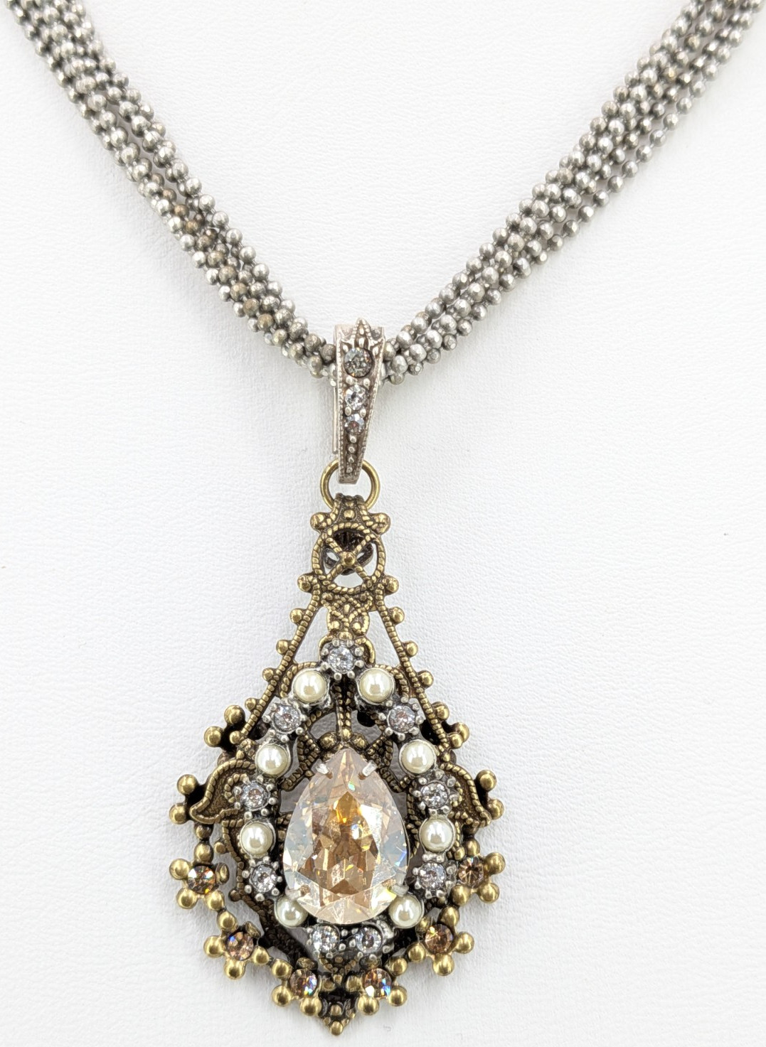 Victorian Revival Necklace Champagne Stone Faux Pearl Filigree Pendant 22 Inch