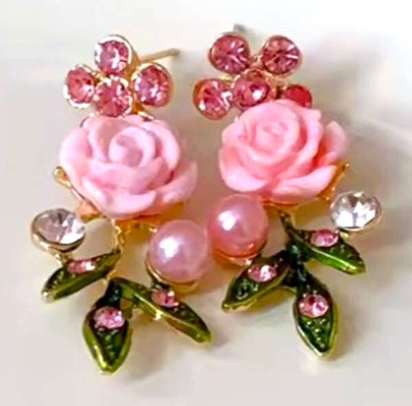 Pink ROSE Flowers PEARL Choker Rhinestone Betsey Johnson Necklace Earring SET