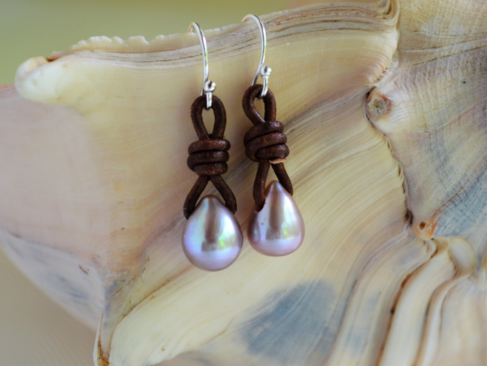 Tea Drop Pearl Earrings Lavender Pearls on Leather Earrings Boho Earrings Yevga