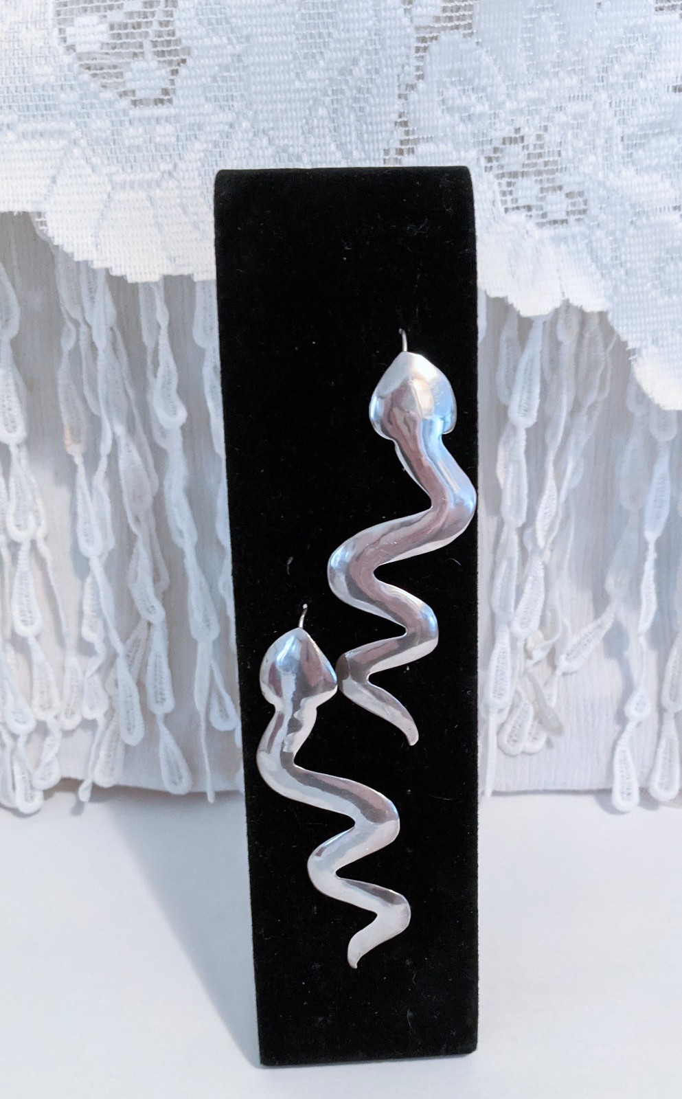 Edgy Crawling Snake Serpent Sterling Silver Long Hook Drop Earrings 3 1/4 Inch