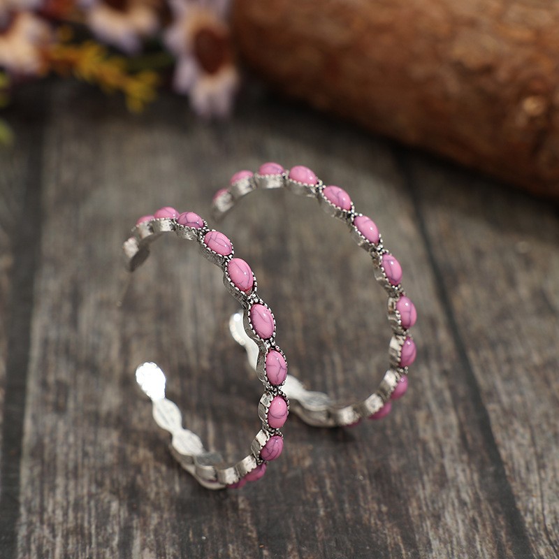 New Bohemian Pink Turquoise Circle C-Shaped Earrings