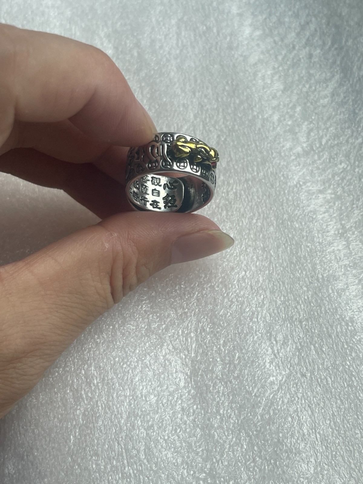 Feng Shui Pixiu Mantra Ring for Women & Men, Adjustable Size Buddhist Ring