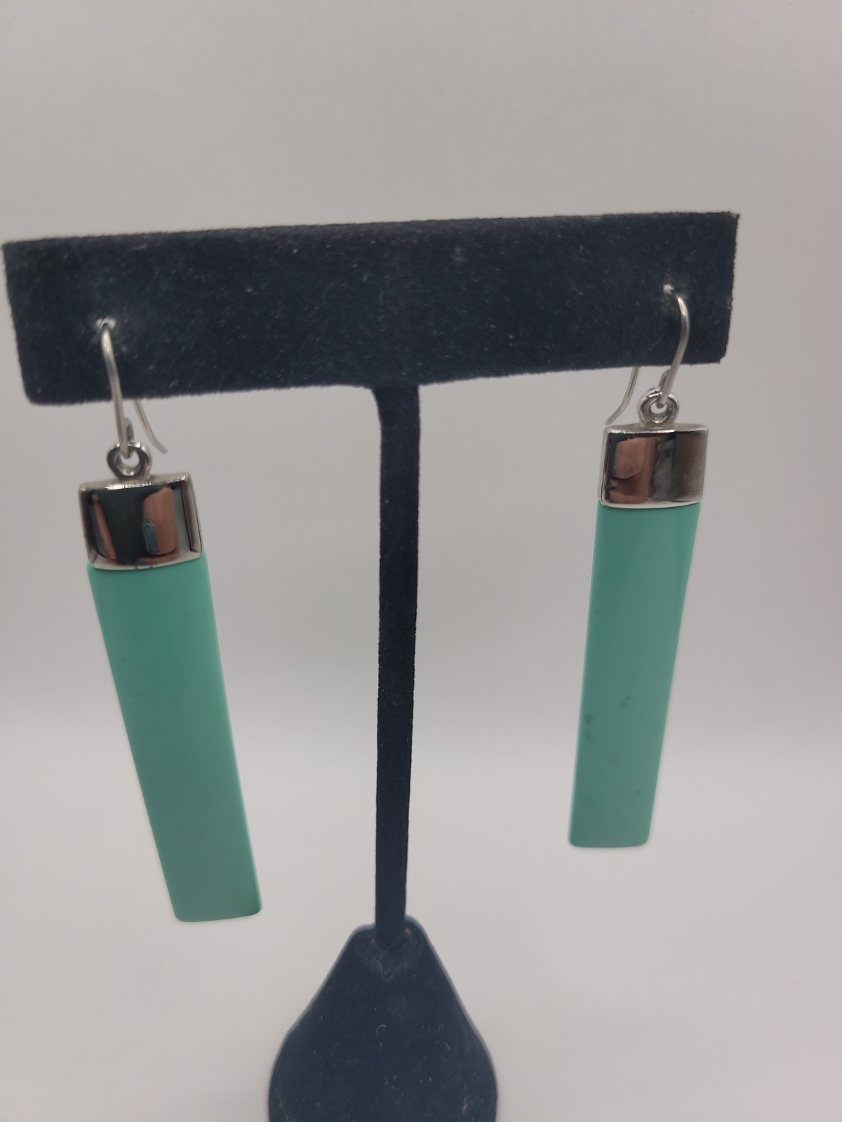 Modern Blue-Green Bar Dangle Earrings Silver Tone Minimalist Geometric Long Drop