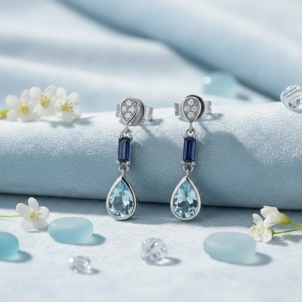 925 Sterling Silver Sky Blue Topaz Drop Earrings | Pear Cut Topaz & Baguette
