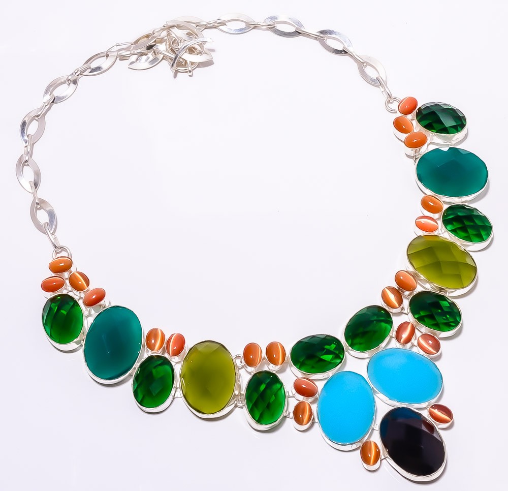 Multi & Cat’S Eye Gemstone 925 Silver Plated Necklace 16-18″ T274