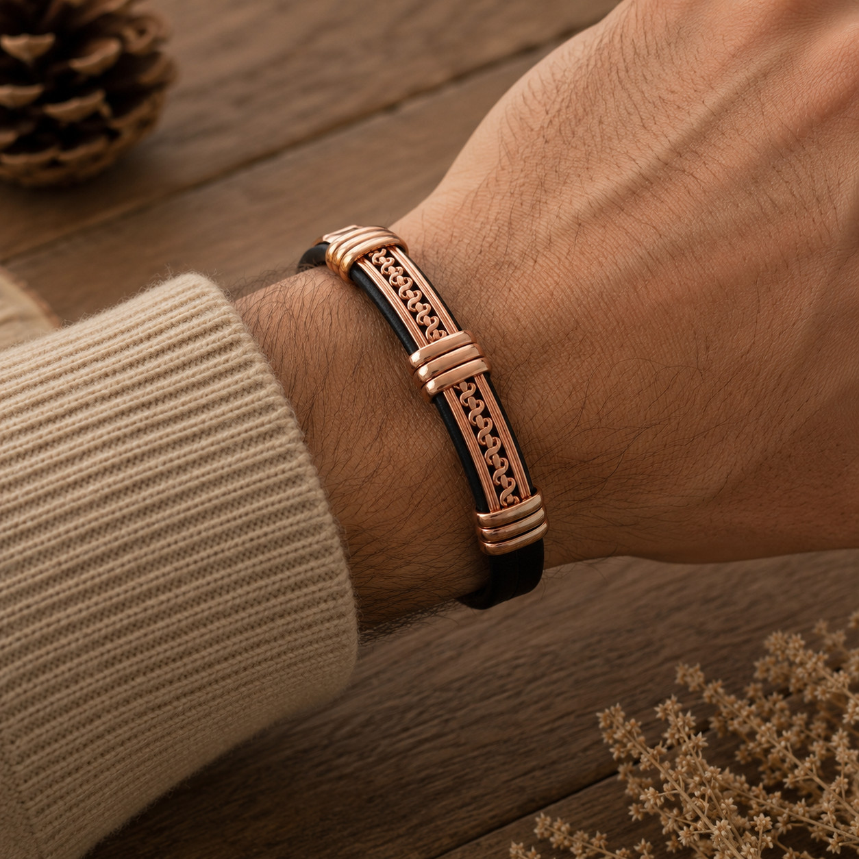 Solid Copper Leather Wrapped Magnetic Bracelet Energy Pain Jewelry Cuban Chain