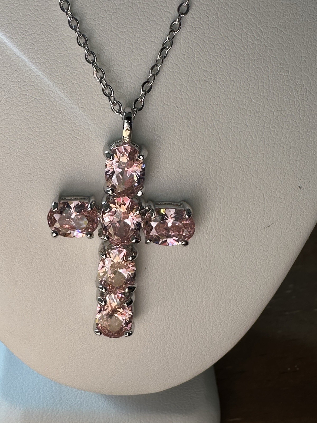 New Without Tags White Gold Plated Pink CZ Stone Cross Pendant Necklace 16-18”