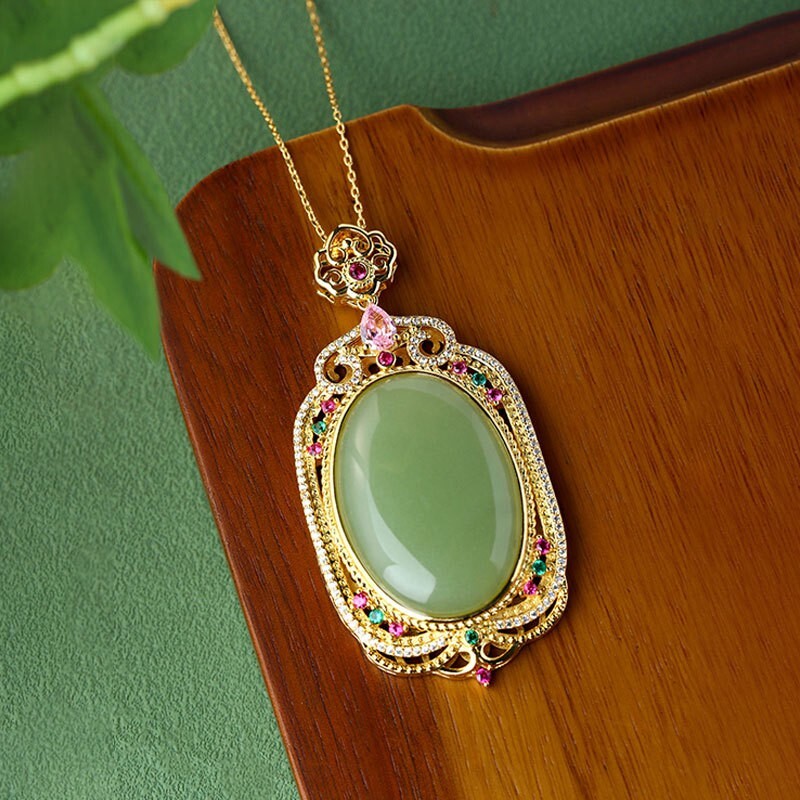 Green Jade Crystal Pendant Necklace Charm 18K Gold Plated Chain Dainty Gemstone