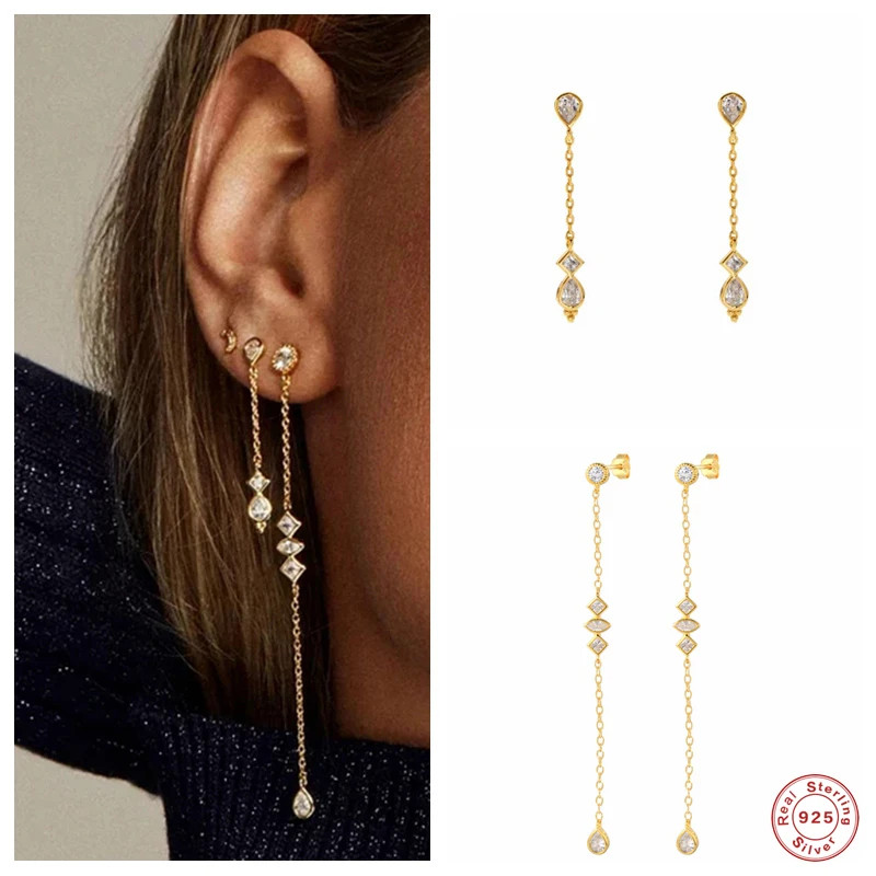 1 Pair 925 Sterling Silver Long Tassel Drop Earrings Women Waterdrop Jewelry