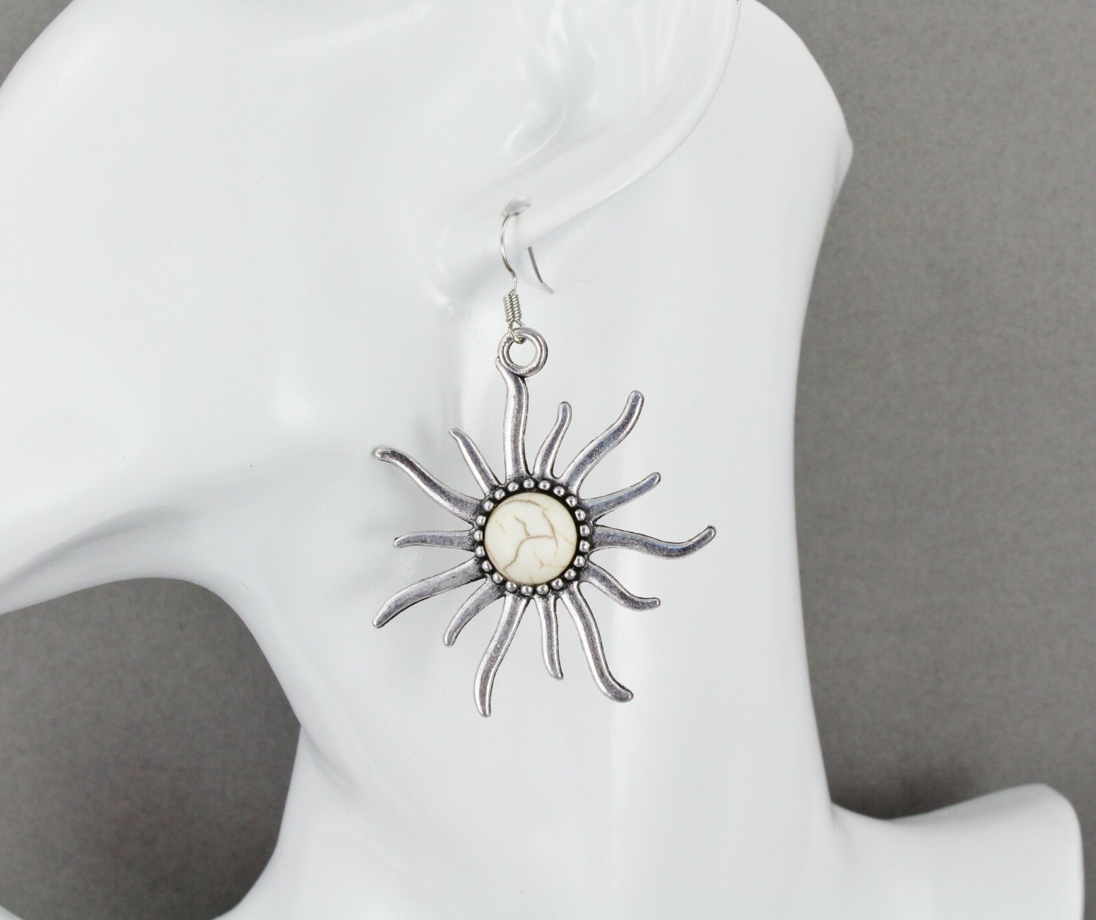 silver sun earrings cream center bead dangle lightweight 2.5″ long long rays