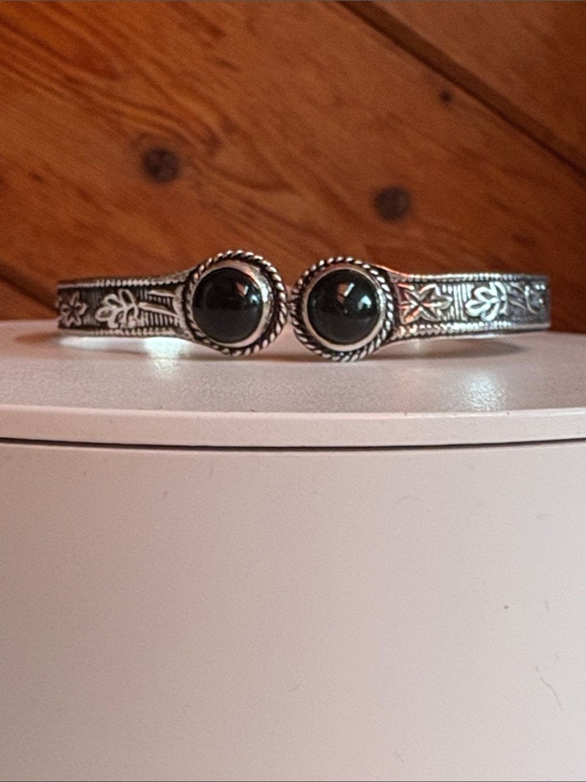 Sterling Silver Black Onyx Floral-Engraved Cuff Bracelet