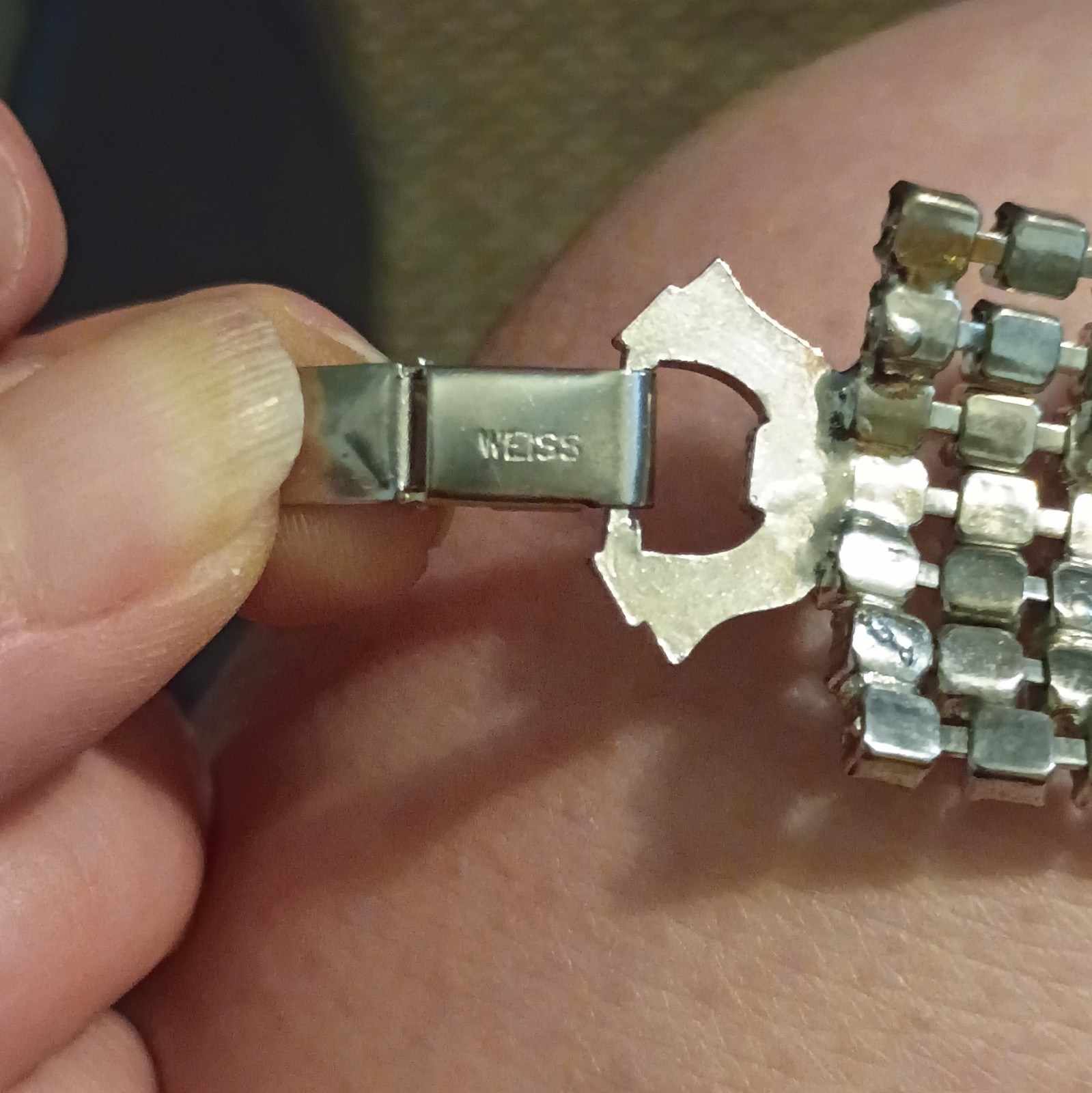 Vintage Weiss Signed Clear Rhinestone Wide Bracelet Multi Row Statement Bridal