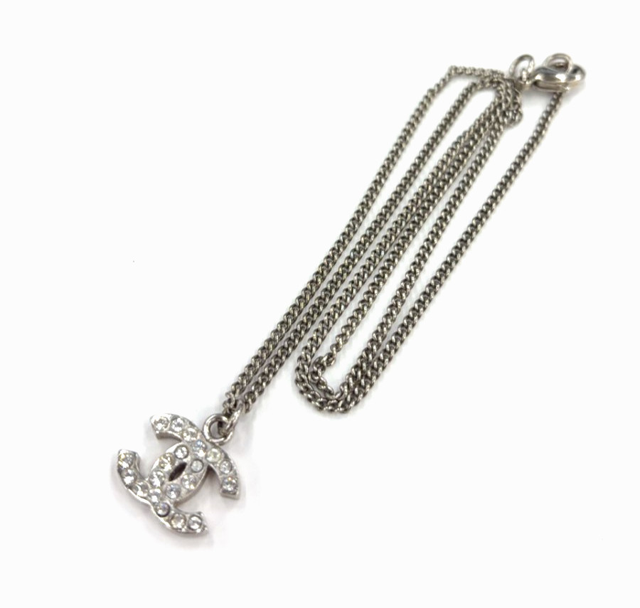 CHANEL Used CC Logos Chain Necklace Rhinestone Silver Pendant B11V Italy #EM57 O