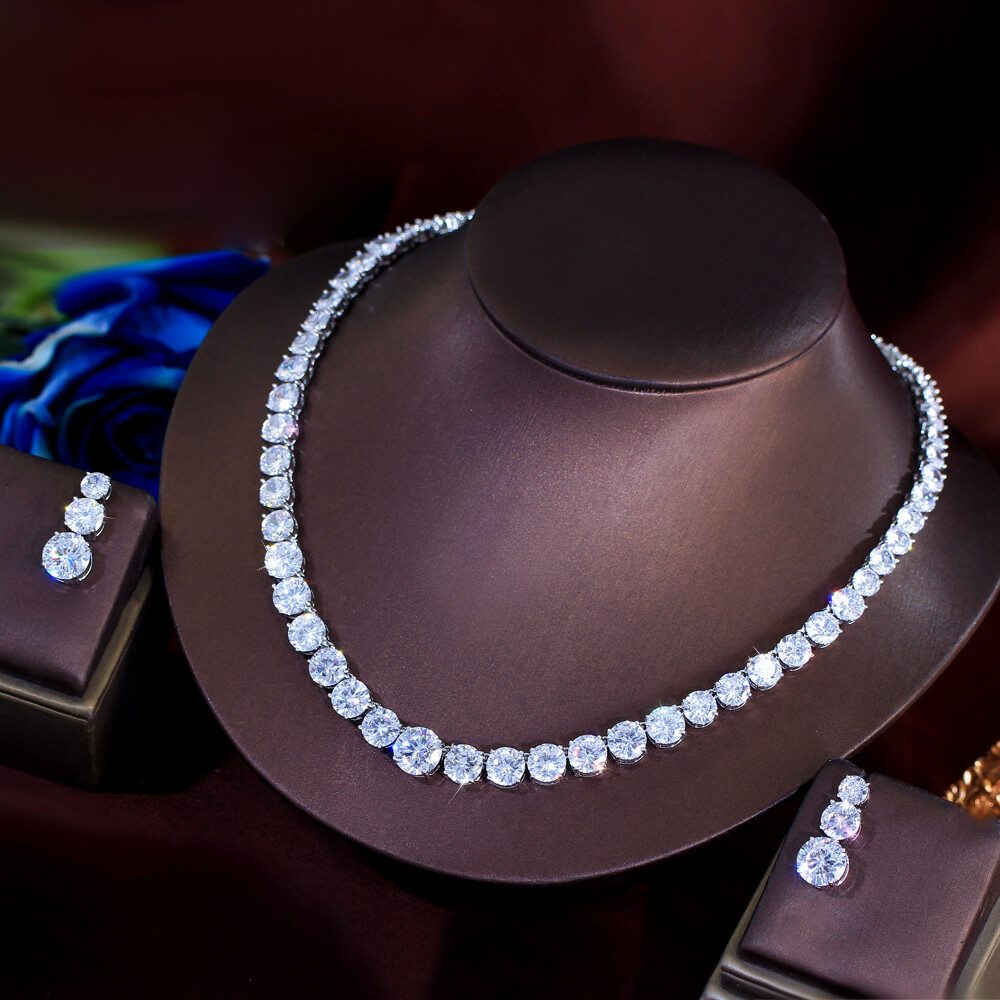 Round Cubic Zirconia Tennis Necklace Earrings Silver Plated Wedding Jewelry Set