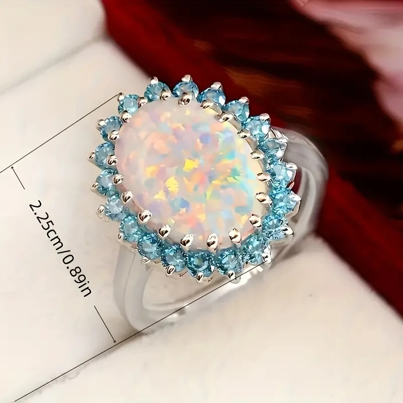 Elegant 925 Sterling Silver Fire Rainbow Opal Blue Topaz Engagement Ring Size 8