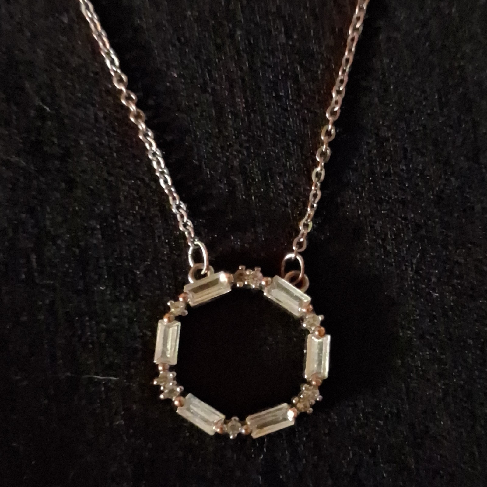 Silver Tone Cable Chain Necklace Round Pendant Baguette-Cut Clear Crystals