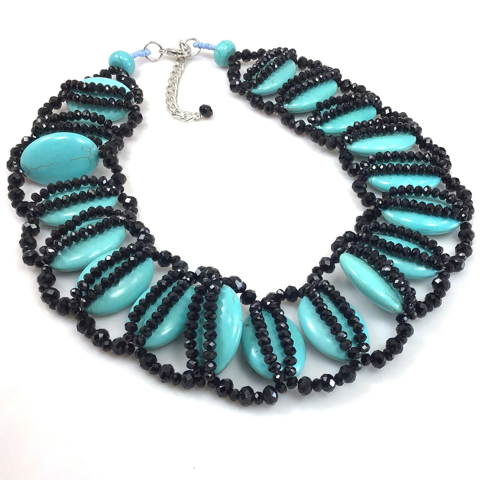 Magnesite Turquoise & Black Crystal Beads Necklace w/Silver Tone Clasp 18-20.5″