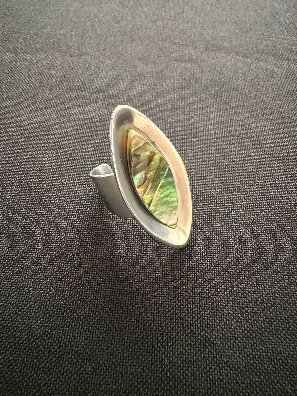 Vintage 70’s Abalone Modernist Silver Tone Adjustable Steel Ring Size Q.5 8.5
