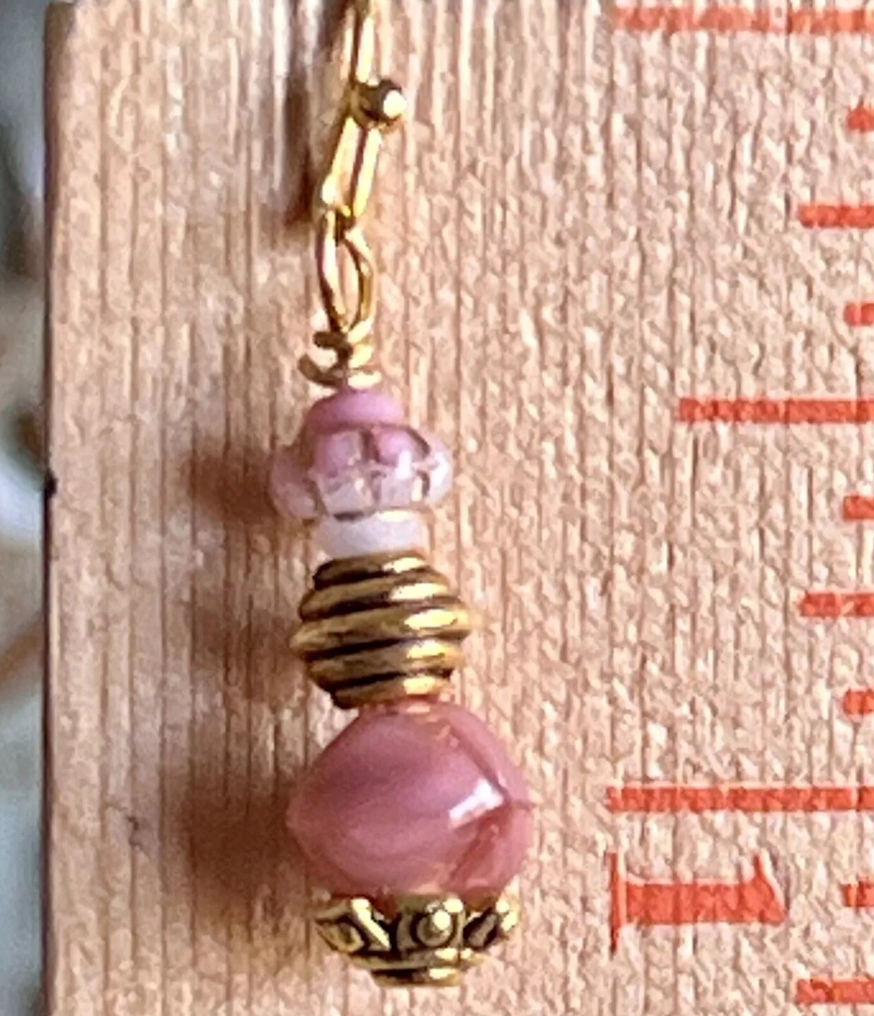 Etched Gold and Pink Picasso Bead Dangle Earrings. Boho Chic