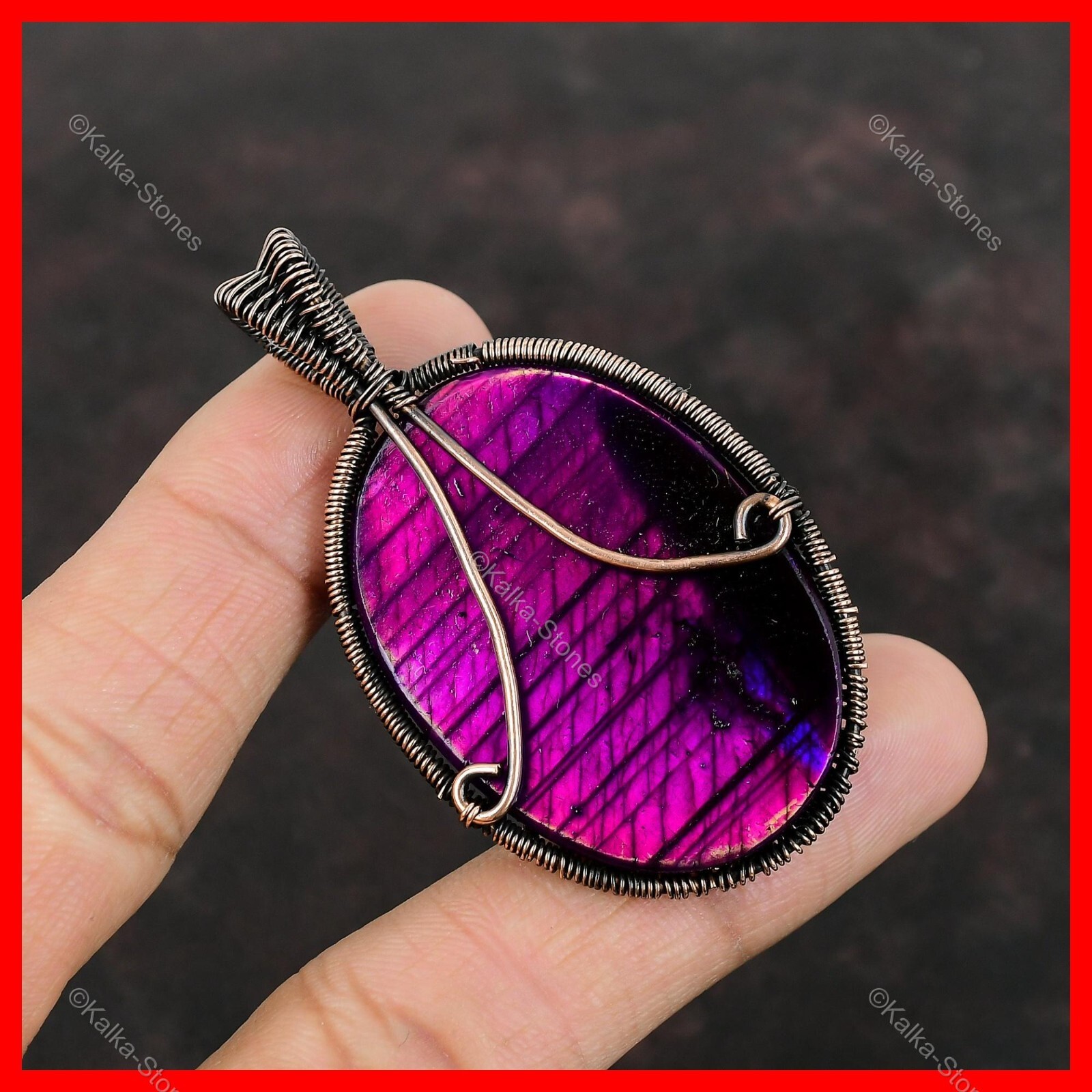 Pink Fire Labradorite Stone Tree Of Life And Wire Wrapped Pendant Jewelry Copper