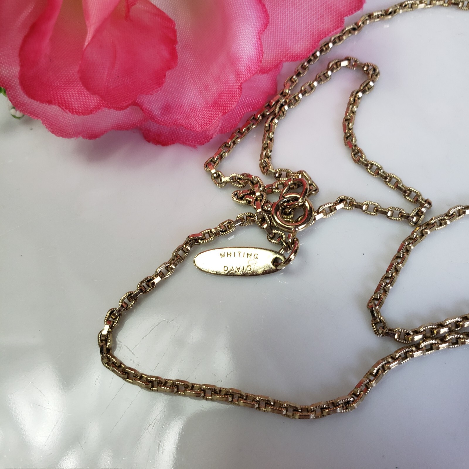 Whiting & Davis Etched Glass Cameo Pendant Necklace Gold Tone Filigree Frame
