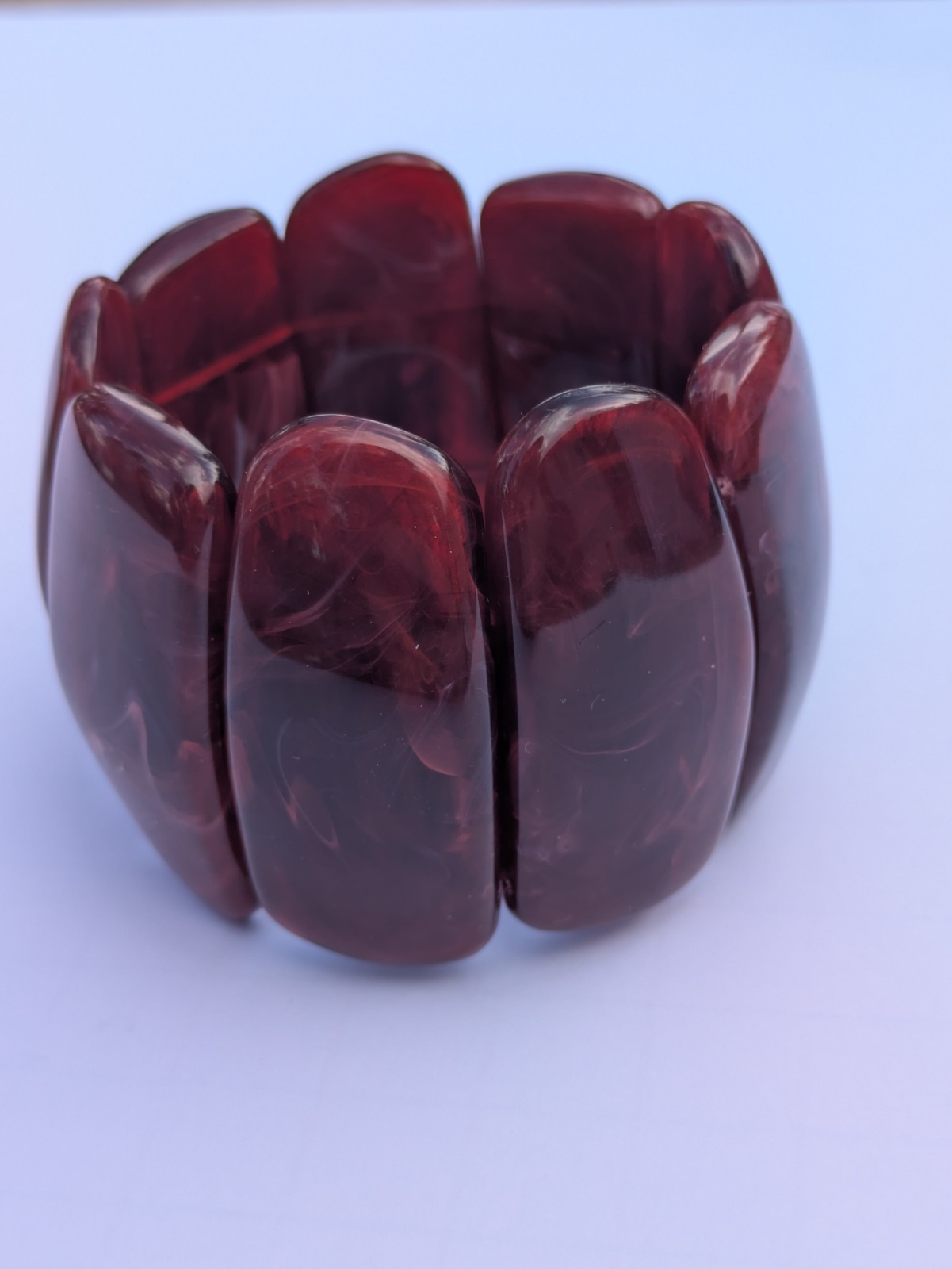 Red Resin Chunky Wide Panel Stretch Bangle Bracelet, Sizable, No Stone