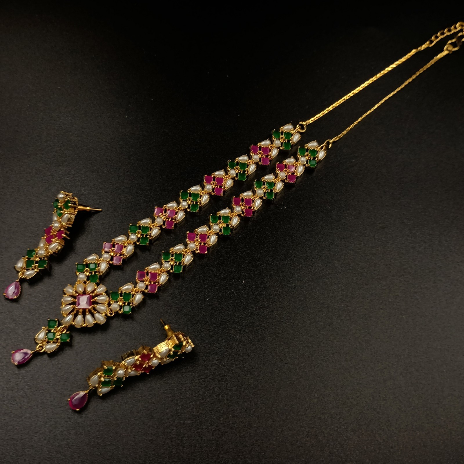 Bollywood Style Ruby Emerald Pearl 22K Gold Plated Jewelry Necklace Earrings Set