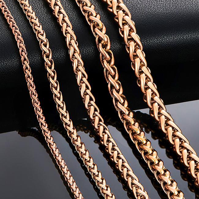 Braided Wheat Link 3-7mm Mens Chain Rose Gold Stainless Steel Necklace Gift