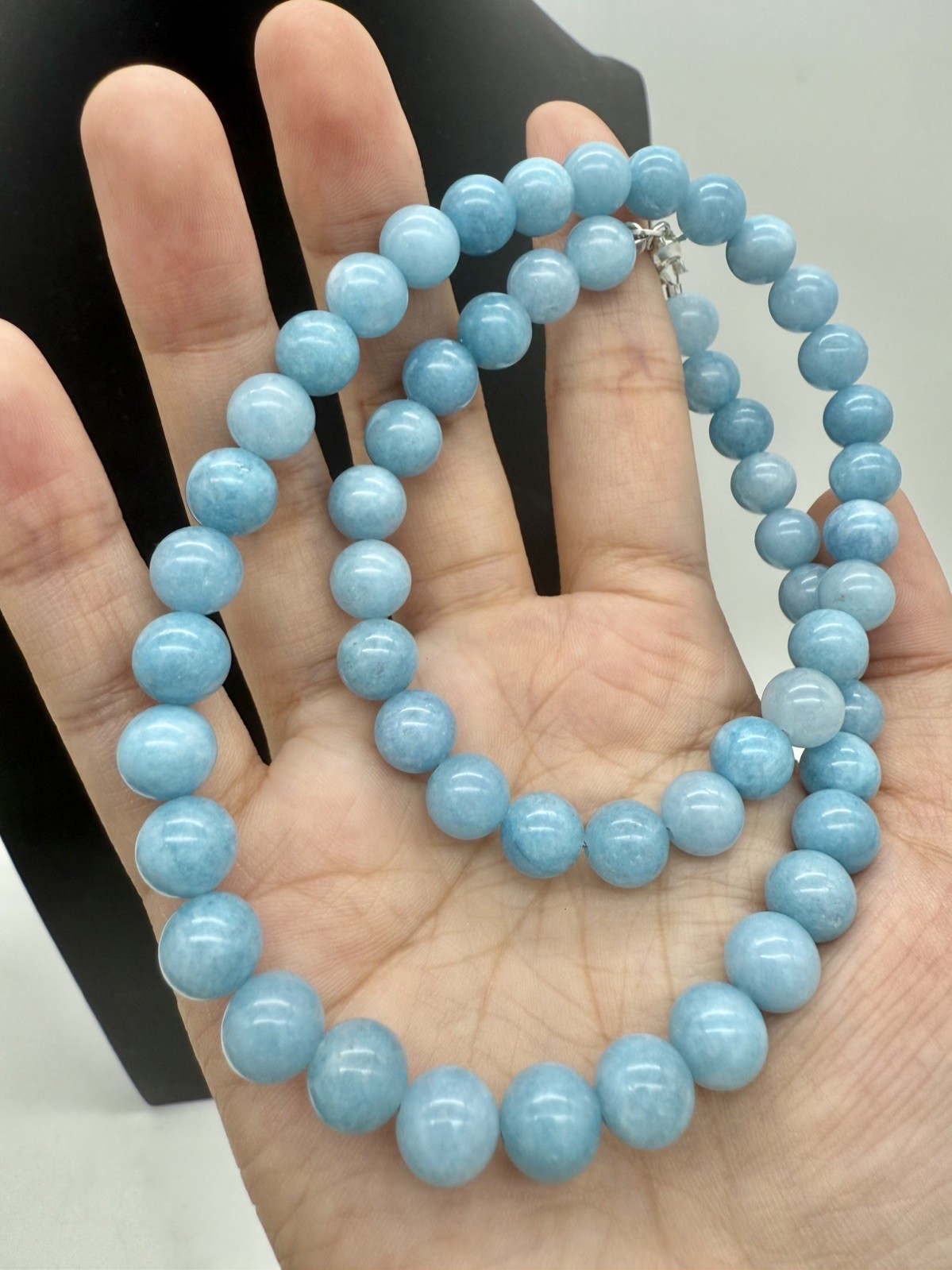 Natural Blue Brazilian Aquamarine Gems Round Beads Necklace Sterling Silver 925