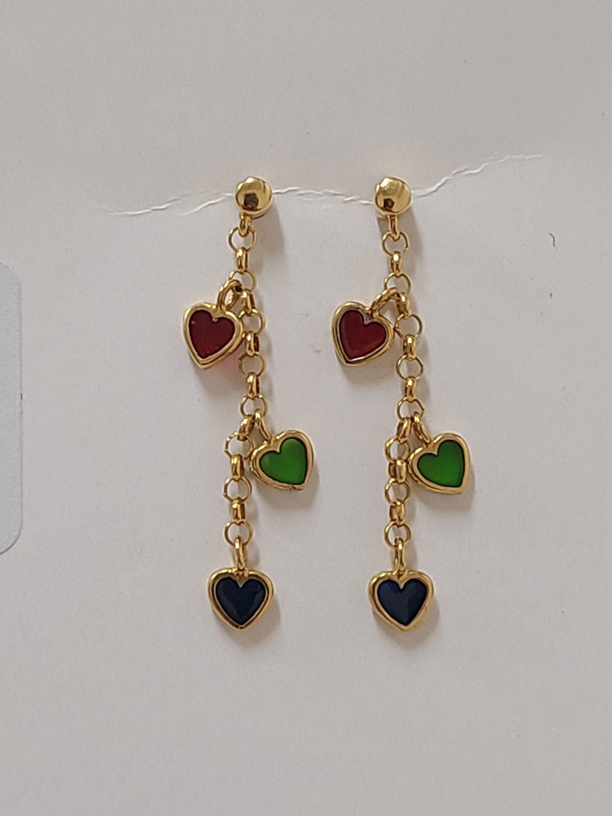 Triple Dangling Heart Earring 14k Yellow Gold Red Green Blue Enamel Hearts 38mm