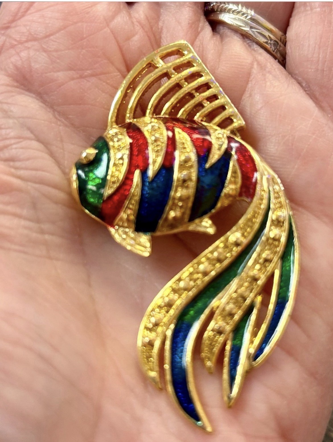 Gold Tone Enamel Fish Brooch Pin Red Blue Green Animals & Insects Theme 1980’s