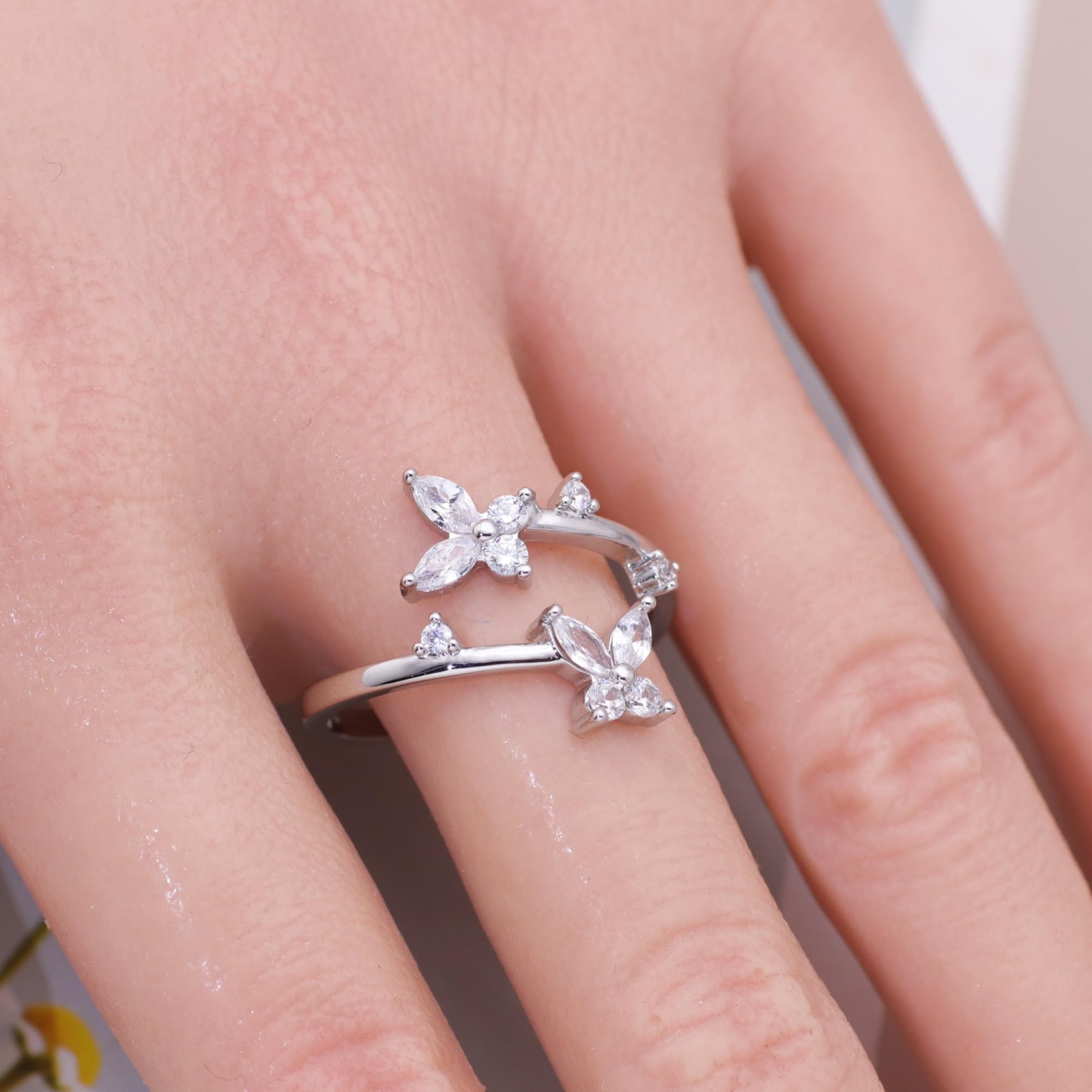18K Gold Plated Butterfly Promise Ring – Adjustable CZ Stackable Gift for Her