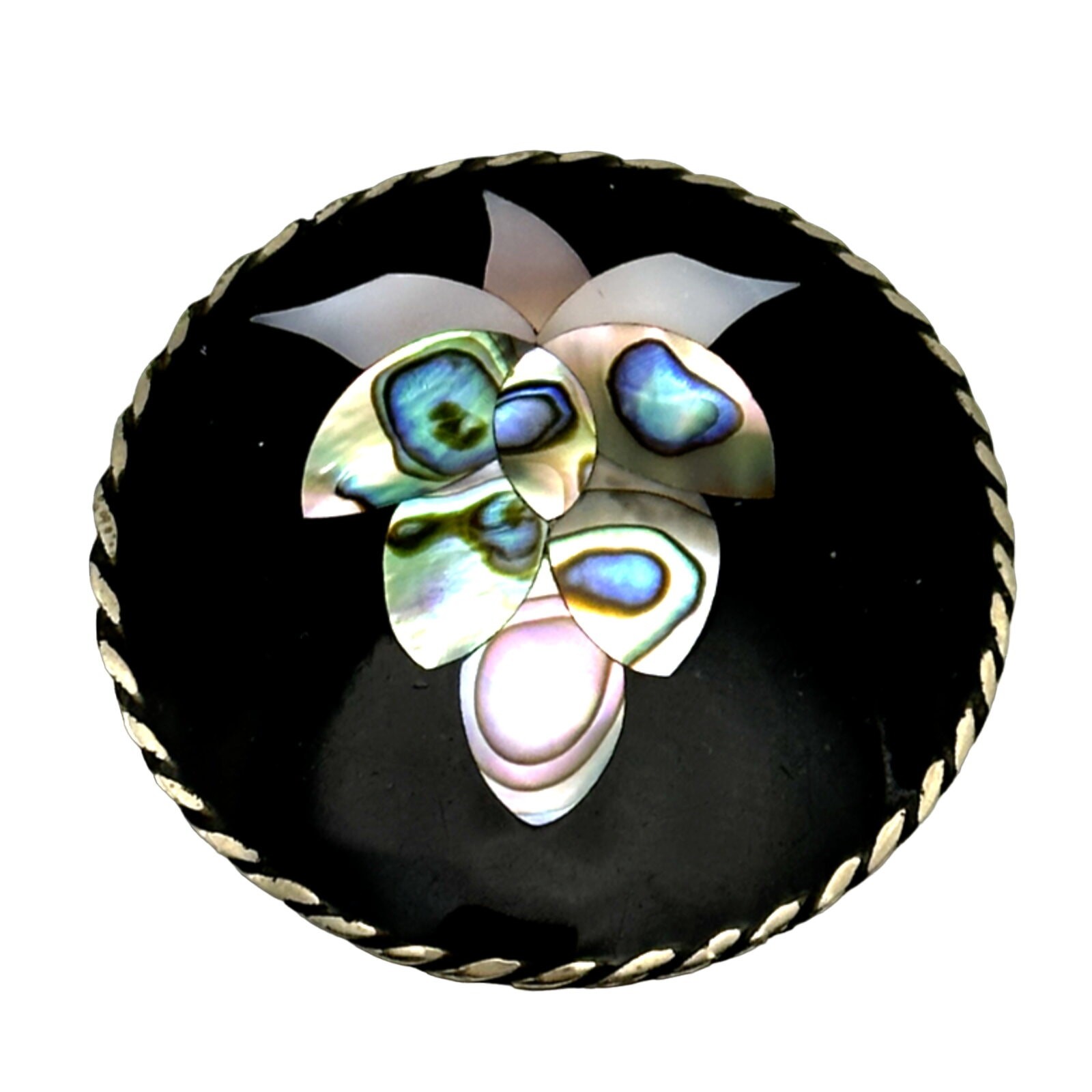 Vintage Sterling Onyx Shell BROOCH Slider – 1 3/4″ Round