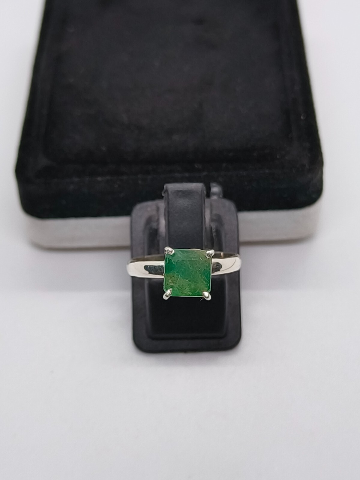 Emerald Cut Sterling Silver Ring-Light Zambia Green Emerald Ring Stone US Size 7