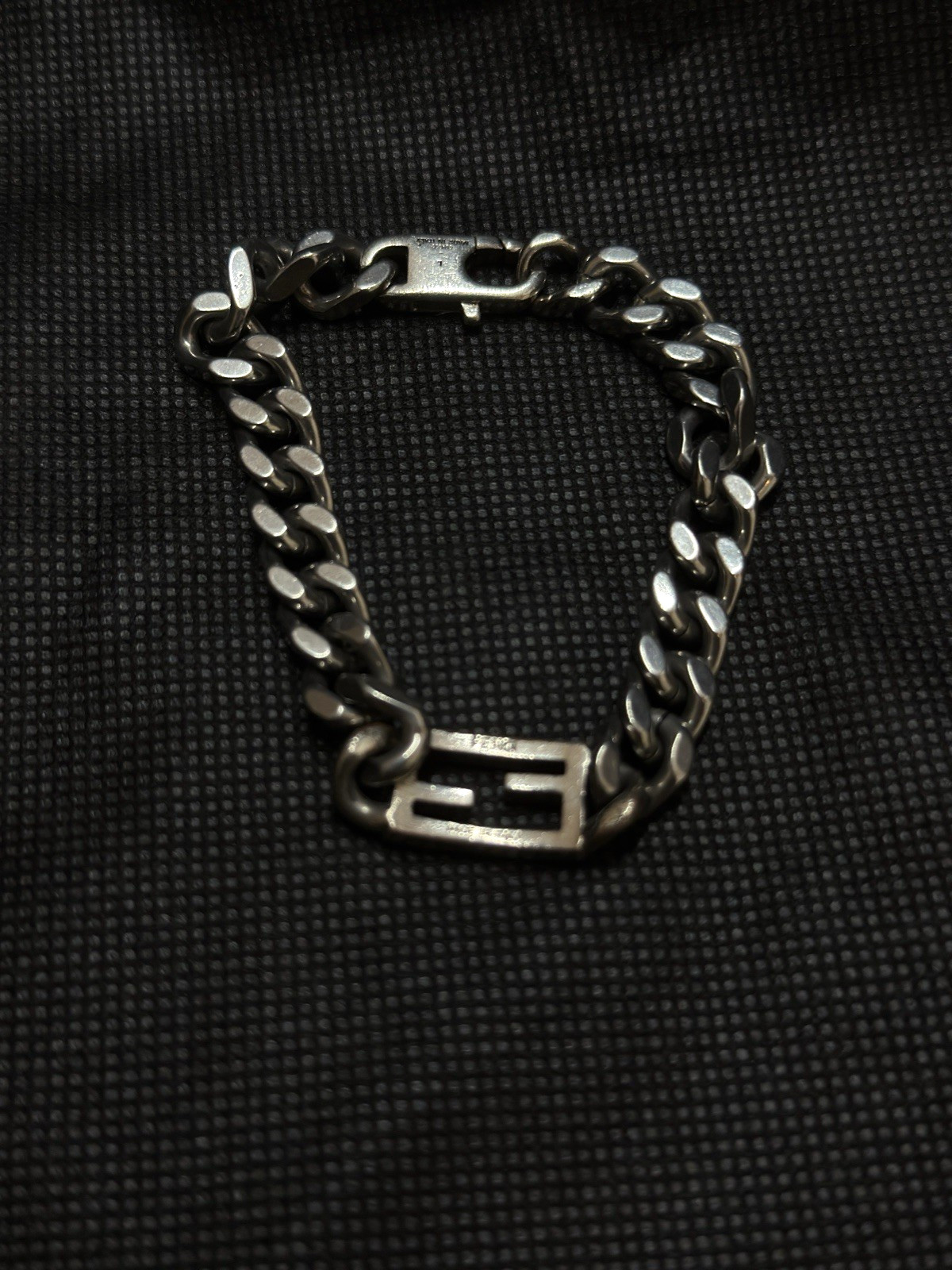 FENDI FF Baguette Logo Chain Bracelet Silver Tone Metal Italy Vintage Unisex