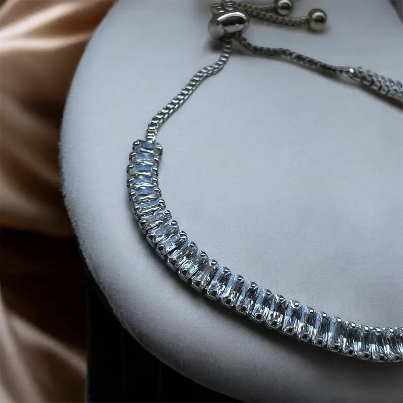 6.7Ct Baguette Simulated Diamond 14k White Gold Over Dainty Bolo Tennis Bracelet