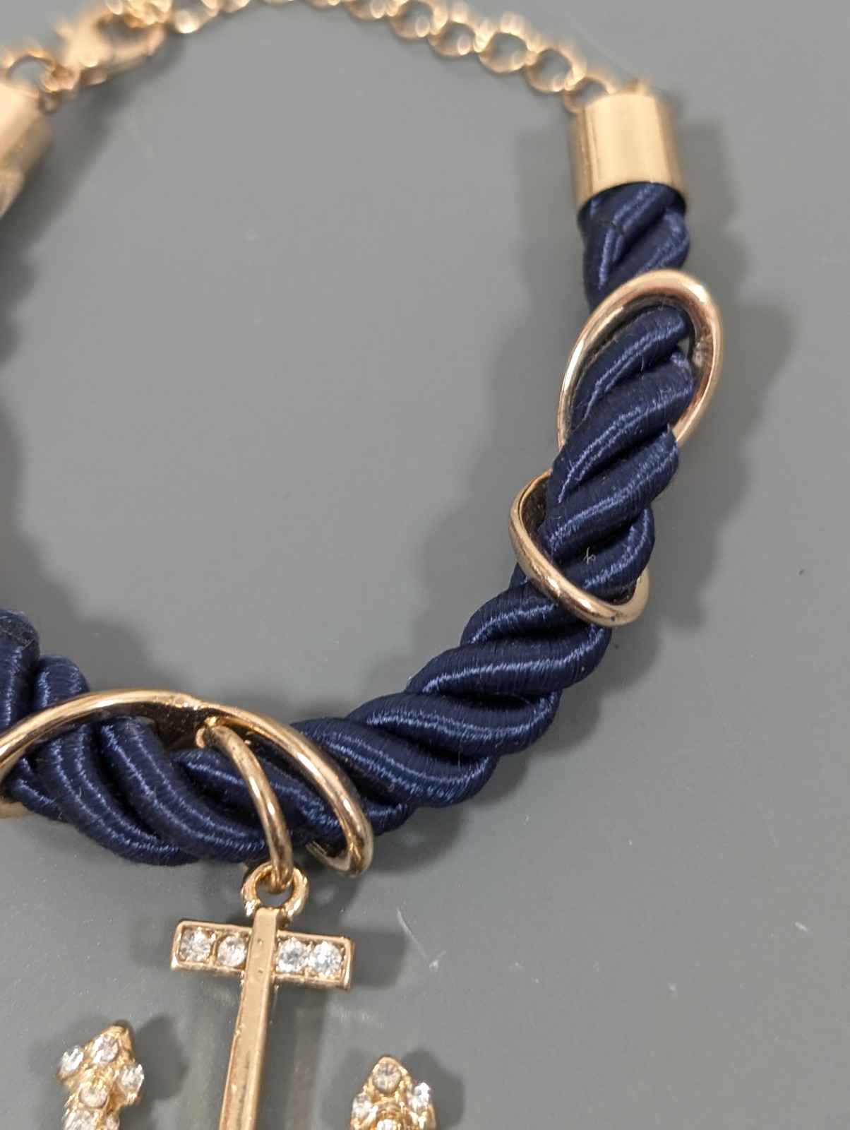 Nautical Coastal Blue Cord Gold Tone Anchor Pave Rhinestone Bracaelet 9 in