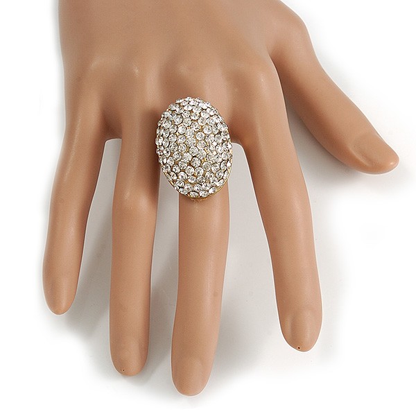 30mm Dome Shape Crystal Ring In Gold Tone Metal/ Clear/ Size 7/8 Adjustable