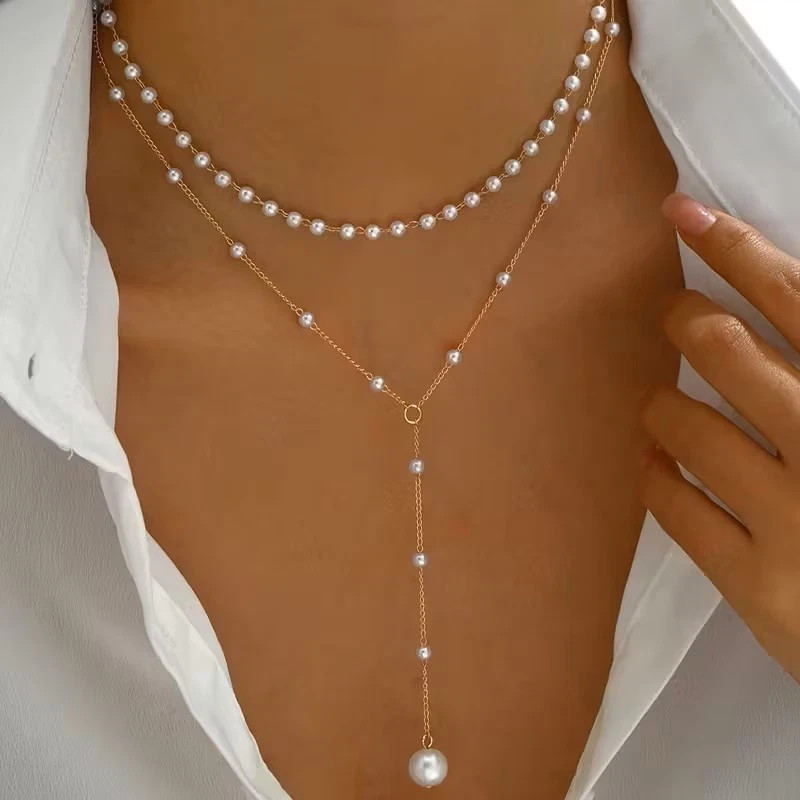 Layered Pearl Necklace Women Gold Y Lariat Choker Dainty Beaded Pendant Jewelry