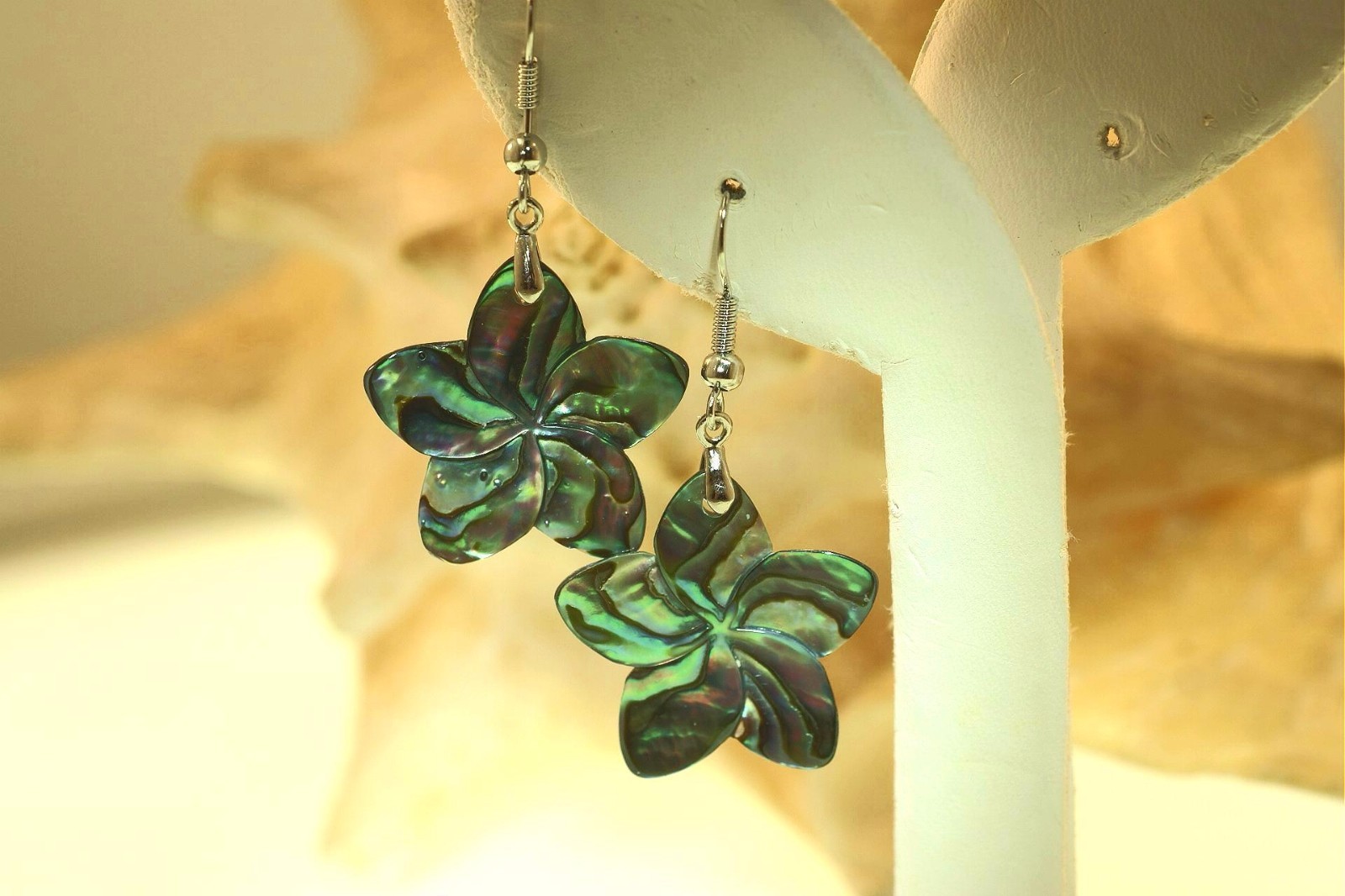 25mm HandCarved Paua Abalone Shell Hawaiian Plumeria 316L Dangling Hook Earrings