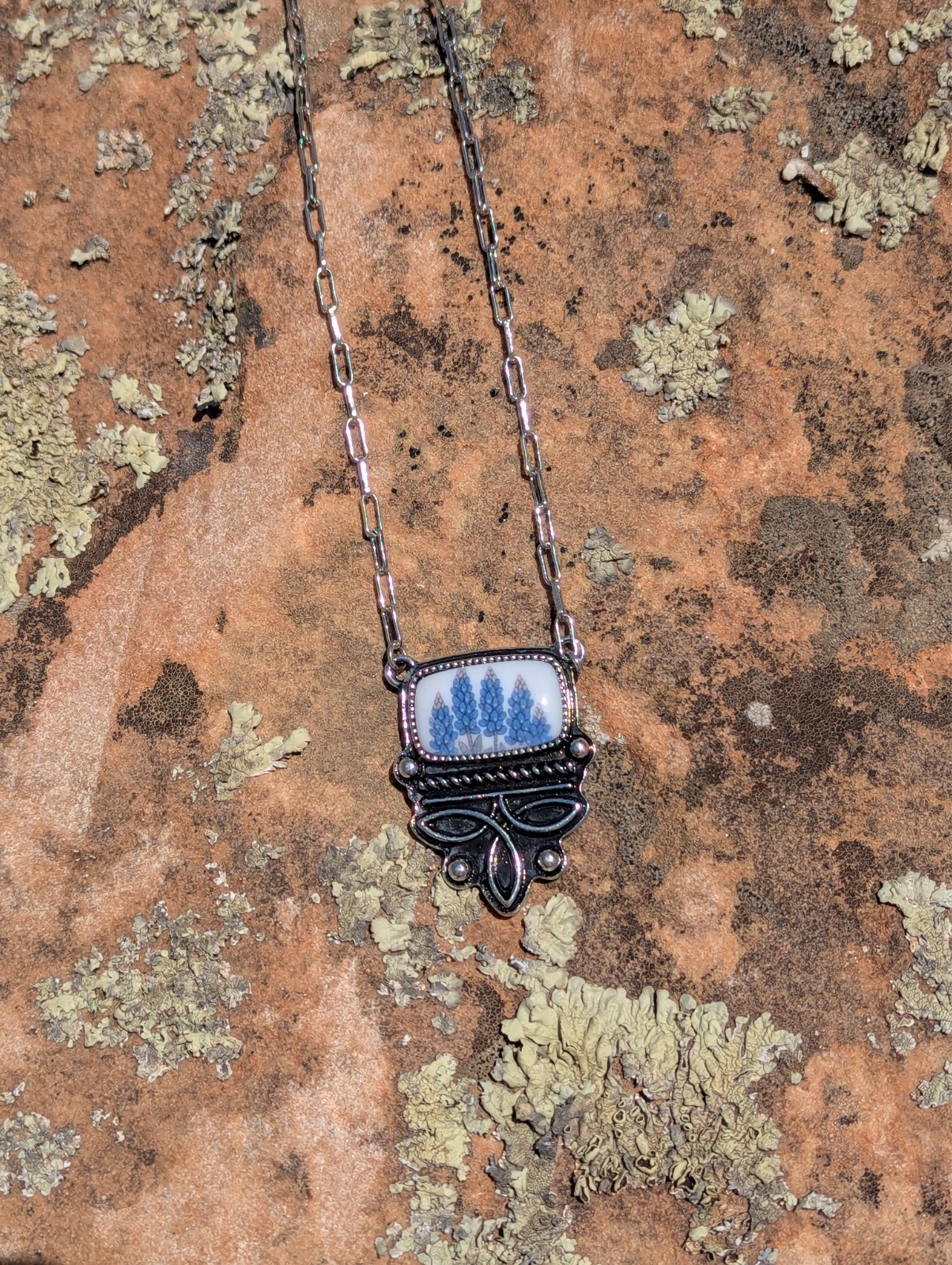 Texas Bluebonnet Flower Necklace Western Silver Tone Paperclip Chain Pendant New