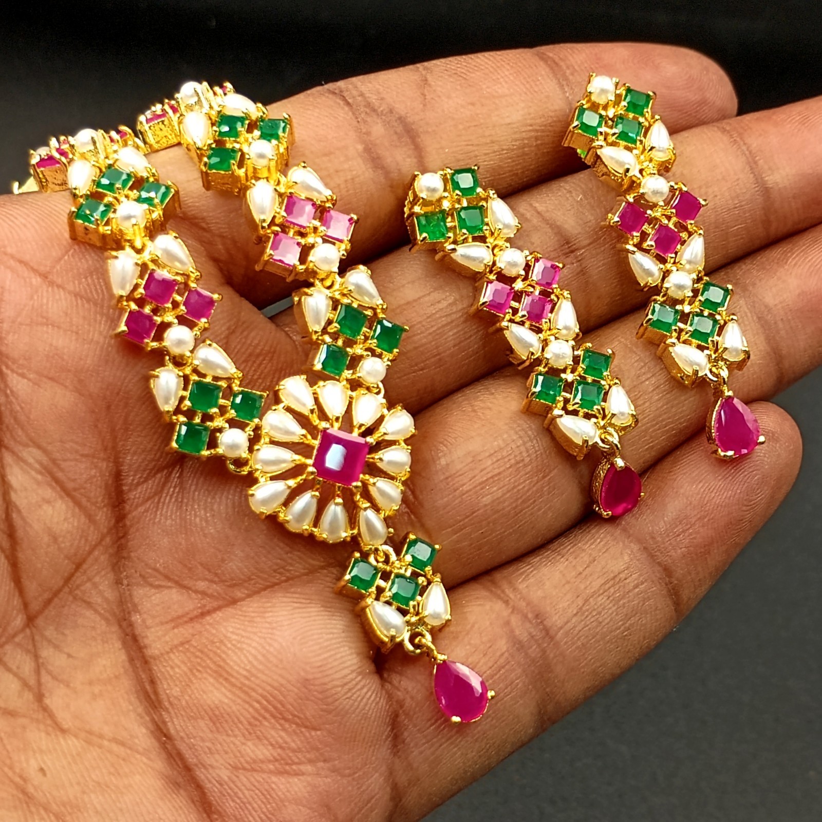 Bollywood Style Ruby Emerald Pearl 22K Gold Plated Jewelry Necklace Earrings Set