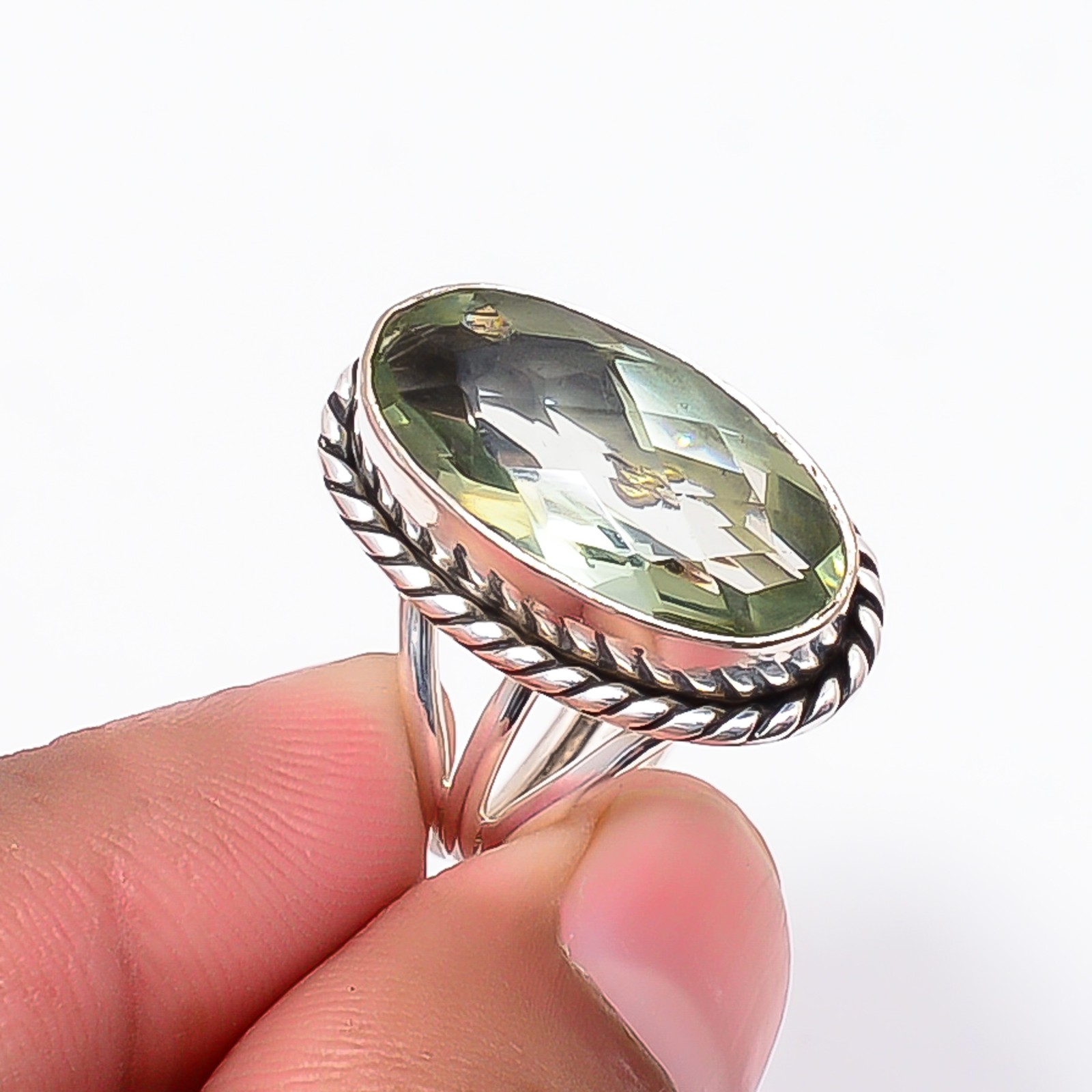 Green Amethyst Gemstone 925 Sterling Silver Ring S.7 R125216