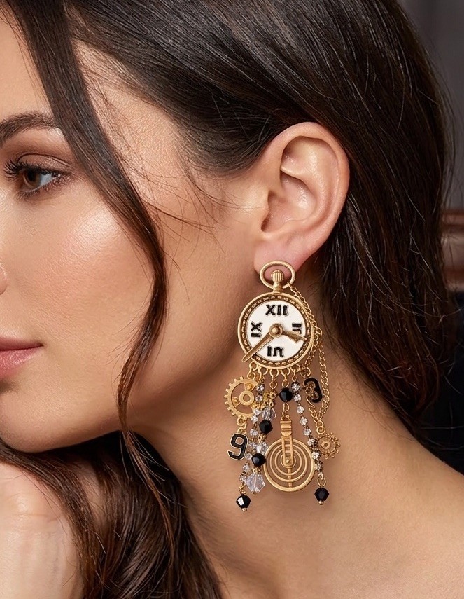 Museum Retro Clock Earrings Gold Chain CZ Steampunk Statement Art Boho Gear VTG