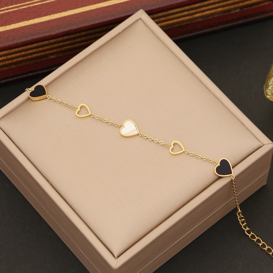 Gold Tone Black Heart Love Jewelry Set Necklace Bracelet & Earrings