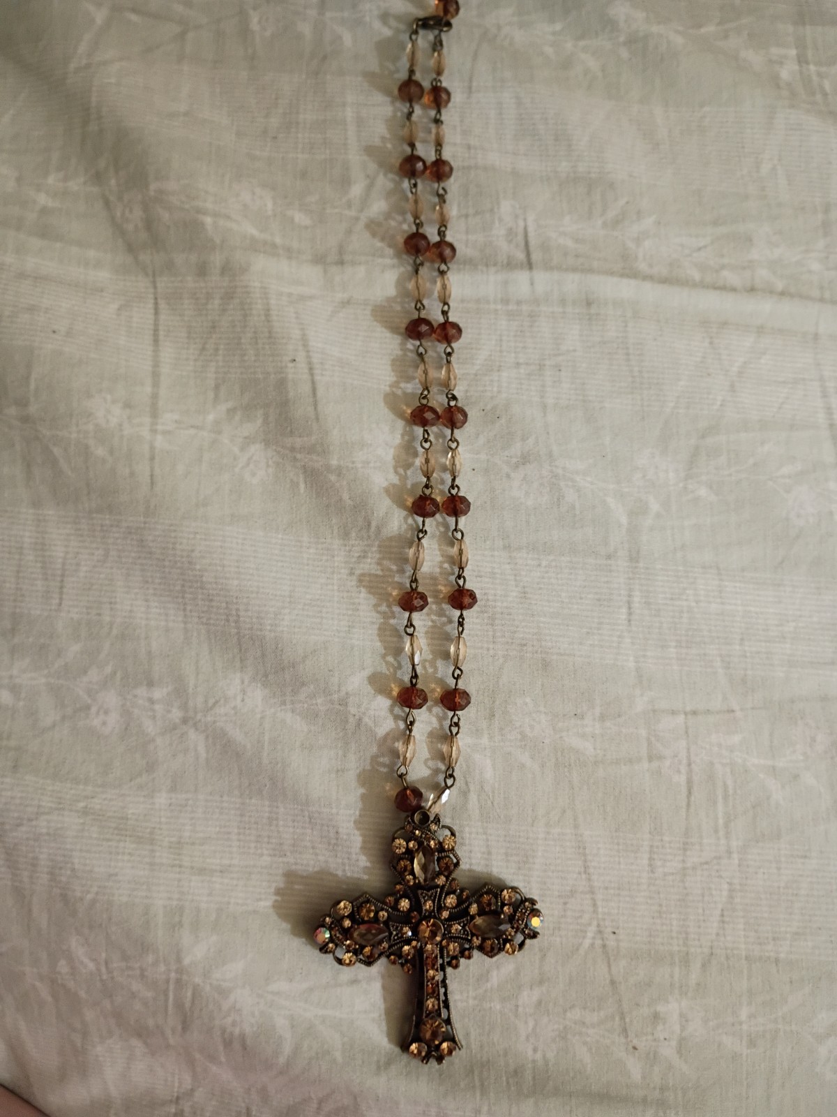 Brown Crystal Beaded Cross Pendant Necklace Cable Chain Metal Religious